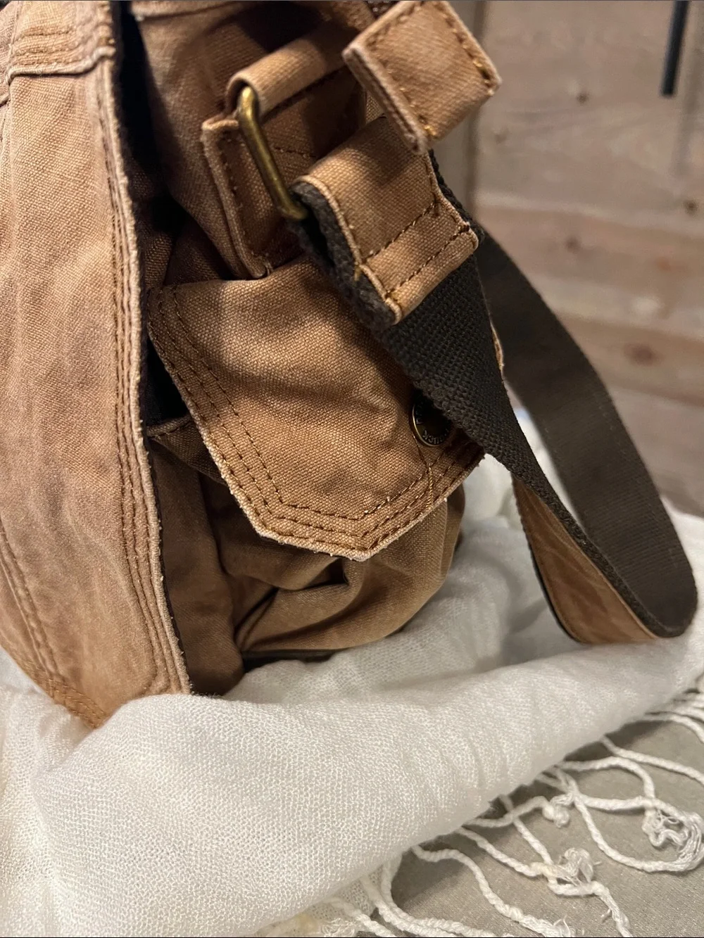 Dri Duck brown denim laptop messenger bag with multiple pockets adj strap